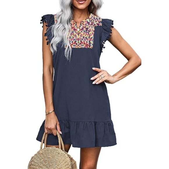 Kirundo Dresses & Skirts - KIRUNDO Women's L Floral Embroidered Ruffle Shift Flowy Boho Mini Dress Mexican